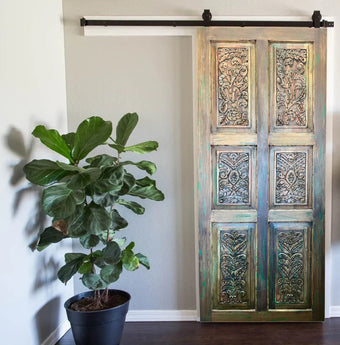 Vintage Carved Barn Door Floral Rustic Brass Studs Decorative Barndoor