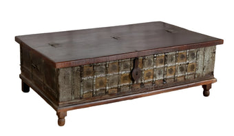 Antique Bridal Trunk Brass Patina Rustic Carved Blanket Chest Coffee Table