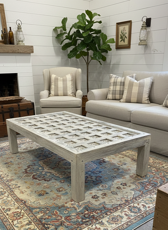 Antique Whitewash Lotus Ceiling Carved Coffee Table – Rustic Large Accent Table 68