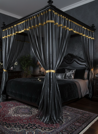 Black Silver sheer bed canopy curtains