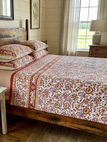 White & Red Floral Cotton Bedding – Printed Boho Bed Throw | Handmade Indian Bedspread
