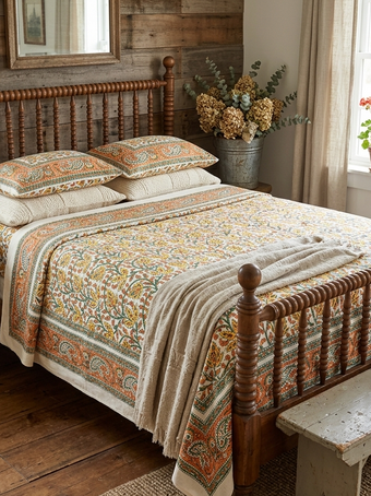 Cotton Printed Bedspread – Orange & Yellow Leaf Floral Design | Indian Handmade Bed Cover