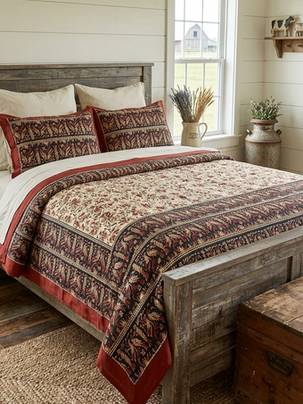 Handloom Cotton Bedspread in Black & Red with Floral Print | Traditional Indian Bedding