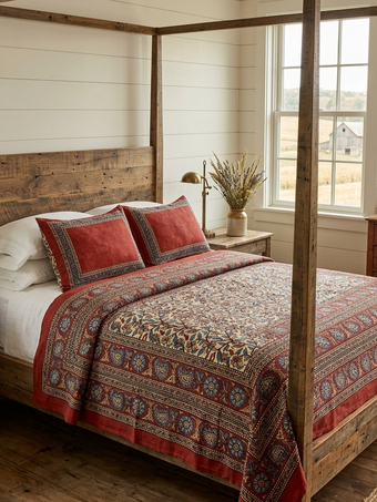 Handloom Cotton Bedspread in Orange & Yellow with Leaf Floral Print | Ethnic Indian Bedding
