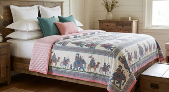 Handloom Cotton Bedspread in Pink & White with Camel Print | Ethnic Indian Bedcover