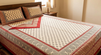 Ethnic Indian Handloom Cotton Bedspread – Beige & Red Floral Print Bedding for Bedroom Decor