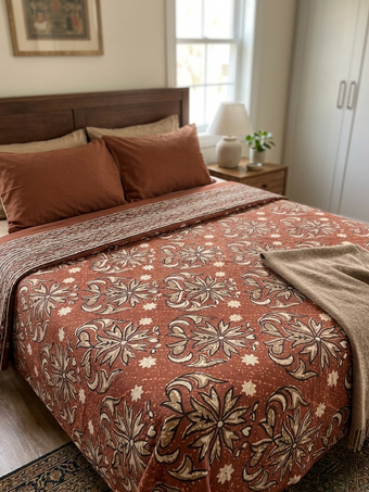 Brown & White Floral Handloom Cotton Bedspread Bedding for Bedroom Decor