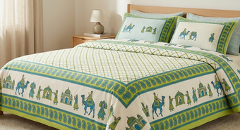 Indian Ethnic Handloom Cotton Bedspread – Light Green & Blue Camel Print Bedding for Bedroom Decor