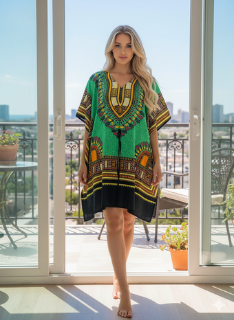 Forest Green Boho Kaftan Dress – Women's Short Beachwear for Vibrant Days L-2XL