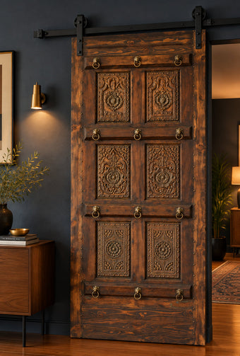 Midcentury Haveli Carved Indian Door with Brass Accents Sliding Barn Door 96