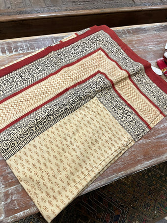 Beige & Red Handloom Cotton Bedspread – Ethnic Indian Floral Design Bedding