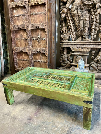 Antique Carved Coffee Table Green Patina & Brass Accent Table