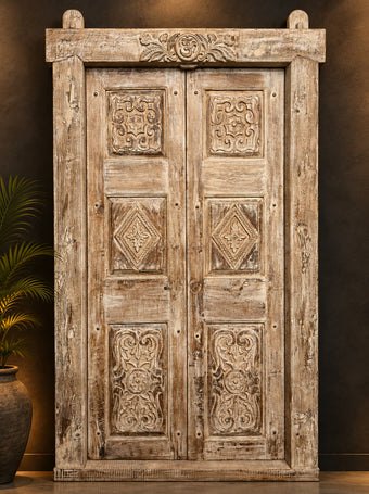 Antique India Haveli Door with Frame | Carved Om Teak Garden Yoga Door 80x50