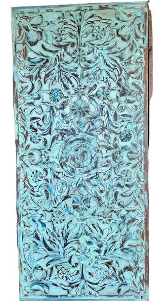 Blue Lotus Carved Wood Sliding Barndoor King Headboard Vintage 80