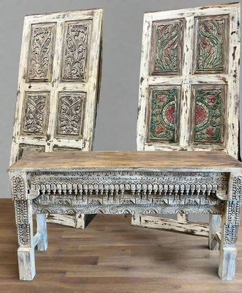 Rustic Carved Console Table TV Stand Blue Vintage Wood Sofa Accent Table