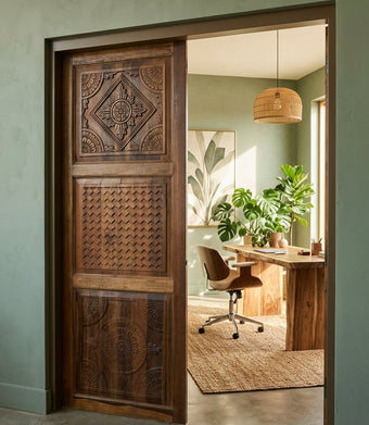 Hand Carved Teak Wood Barn Door Geometric Medallion Three Panel Farmhouse Sliding Door 96x36