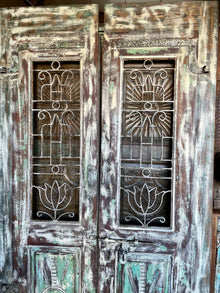  Pair Vintage Whitewash Barn Doors, Antique Carved Sliding Doors, Lotus Jali Latticed Door