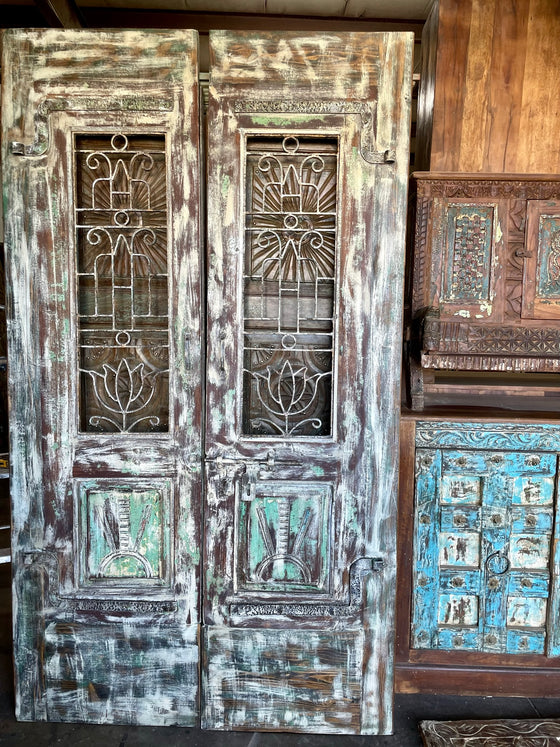 Pair Vintage Whitewash Barn Doors, Antique Carved Sliding Doors, Lotus Jali Latticed Door,84x48