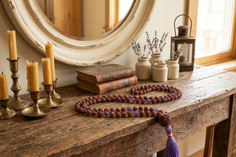 Tibetan Buddhist Zen Mala Necklace – Rudraksha & Amethyst Spiritual Beads