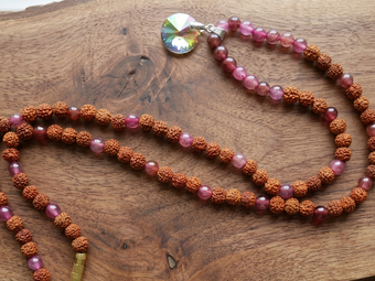 Rudraksha & Rose Quartz Japamala – Handmade Meditation Mala Beads Necklace
