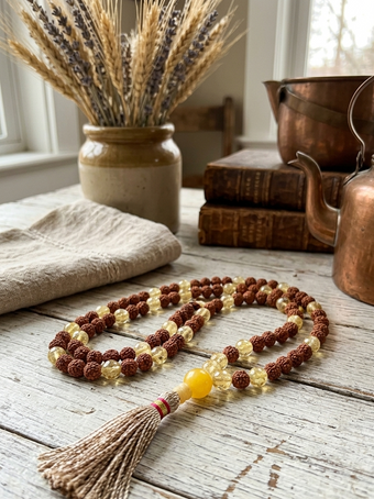 Yellow Citrine & Rudraksha Mala Beads | Handmade Chakra Prayer Necklace