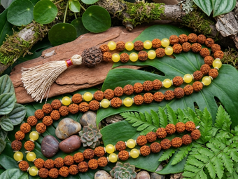 Rudraksha & Yellow Jade Mala Beads – Sunny Forest Yoga Prayer Necklace