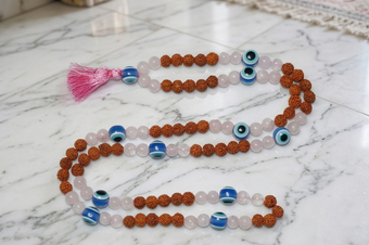 Rose Quartz Evil Eye Mala Beads – Handmade Healing Energy Stone Protection Necklace