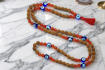 Hand Knotted Rudraksha Chakra Mala Beads – Carnelian Yoga Mala for Personal Power
