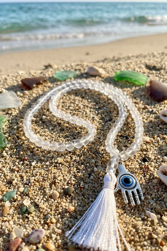 Himalayan Quartz Crystal Yoga Mala Evil Eye Hamsa Necklace