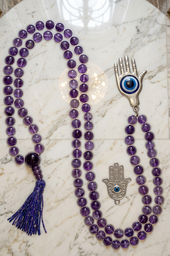 Spiritual Amethyst Yoga Mala – 108 Beads Hamsa Hand Prayer Necklace