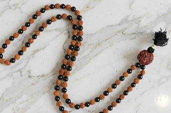 Black Agate & Rudraksha Mala Beads – 108 Japa Mala for Meditation, Yoga & Healing
