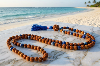 Handmade Rudraksha & Lapis Lazuli Prayer Mala | Tassel Meditation Necklace