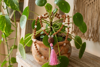 Love Healing Mala Necklace Rose Quartz & Rudraksha Beads – Heart Chakra Meditation Japa Mala