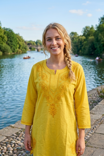 Yellow Floral Embroidered Cotton Tunic – Women’s Summer Boho Top Dress M