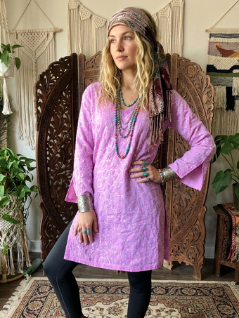 Women’s Pink Sequin Embroidered Cotton Tunic – Bohemian Stylish Kurti