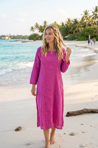 Blush Pink Embroidered Cotton Tunic – Boho Summer Beach Cover-Up for Women L