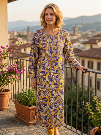 Women’s Blue Yellow Embroidered Long Tunic – Handmade Boho Kurti Dress L