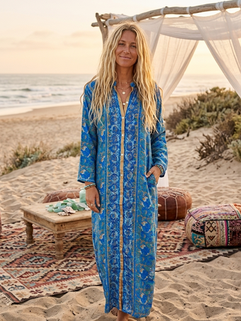 Women’s Blue Silk Kaftan Long Tunic – Boho Resort Duster Dress, Flowy Beach Cover Up XL