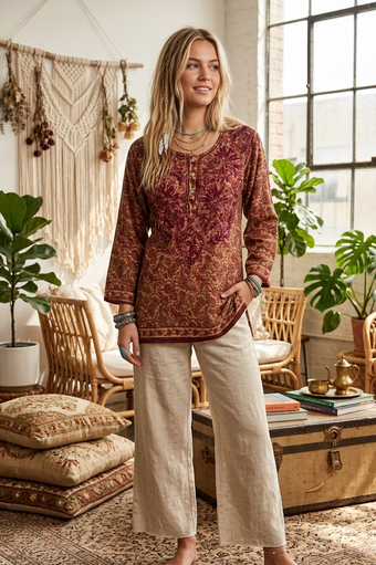 Dark Brown Embroidered Silk Tunic – Boho Summer Beach Cover-Up for Women