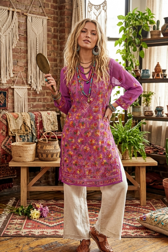 Boho Blossom Pink Floral Tunic Dress – Hand-Embroidered Georgette Beach Cover-Up XS
