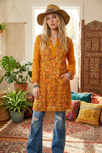 Sunset Orange Floral Boho Tunic Dress – Hand-Embroidered Georgette Beach Cover-Up XS