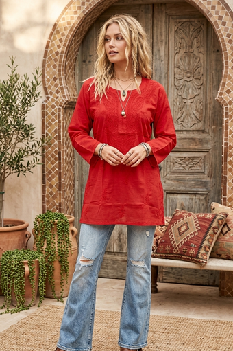 Red Boho Charm Embroidered Cotton Tunic – Women’s Handmade Short Bohemian Top L