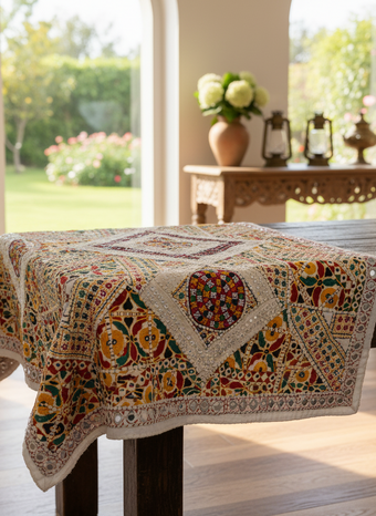 Earthy White Indian Tapestry – Embroidered Bed Throw, Headboard & Wall Hanging Décor