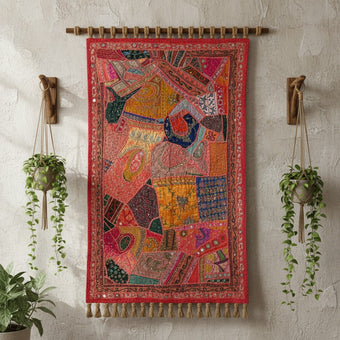 Pink Blue Embroidered Bed Throw – Indian Tapestry Wall Décor & Boho Headboard