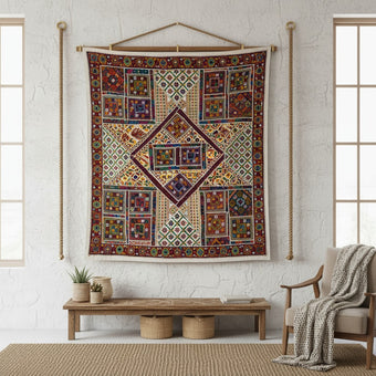 Banjara White Embroidered Bed Throw – Indian Sari Tapestry Headboard & Boho Home Décor