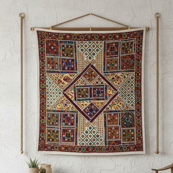 Banjara White Embroidered Bed Throw – Indian Sari Tapestry Headboard & Boho Home Décor