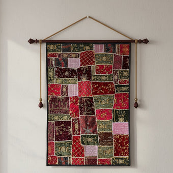 Indian Sari Tapestry Multi Red Beaded Wall Hanging – Handcrafted Boho Wall Decor