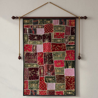 Indian Sari Tapestry Multi Red Beaded Wall Hanging – Handcrafted Boho Wall Decor