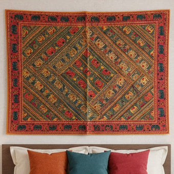 Boho Orange Elephant Embroidered Tapestry – Handcrafted Indian Bed Throw & Wall Decor