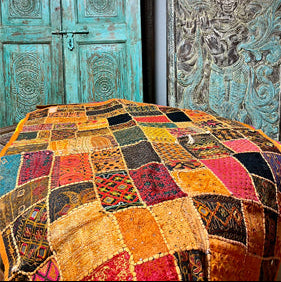 Vintage Kutch Embroidered Indian Tapestry – Orange Pink Wall Hanging